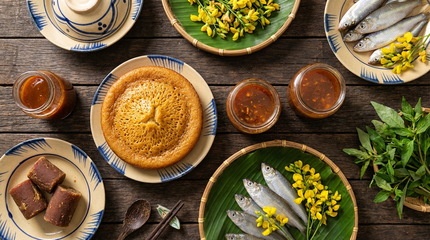 Các món ăn đặc sản An Giang bao gồm bánh bò thốt nốt, mắm ruột, cá linh được bày trên mâm
