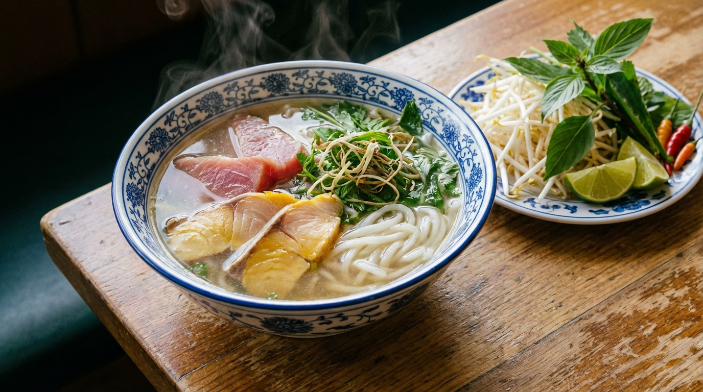Tô bún cá Rạch Giá nước dùng trong ngọt, cá tươi thái lát