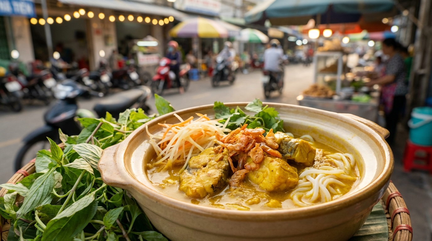 Tô bún kèn Hà Tiên nước dùng vàng sánh, rau sống và gia vị