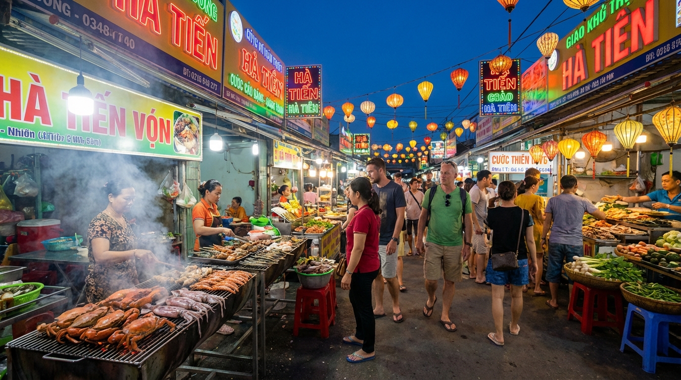 Chợ đêm Hà Tiên sầm uất với gian hàng ẩm thực đa dạng