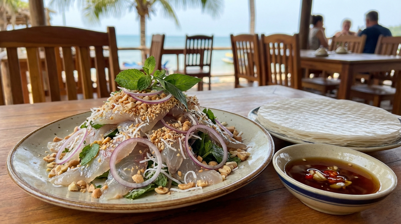 Dĩa gỏi cá trích Phú Quốc cuốn bánh tráng, rau thơm