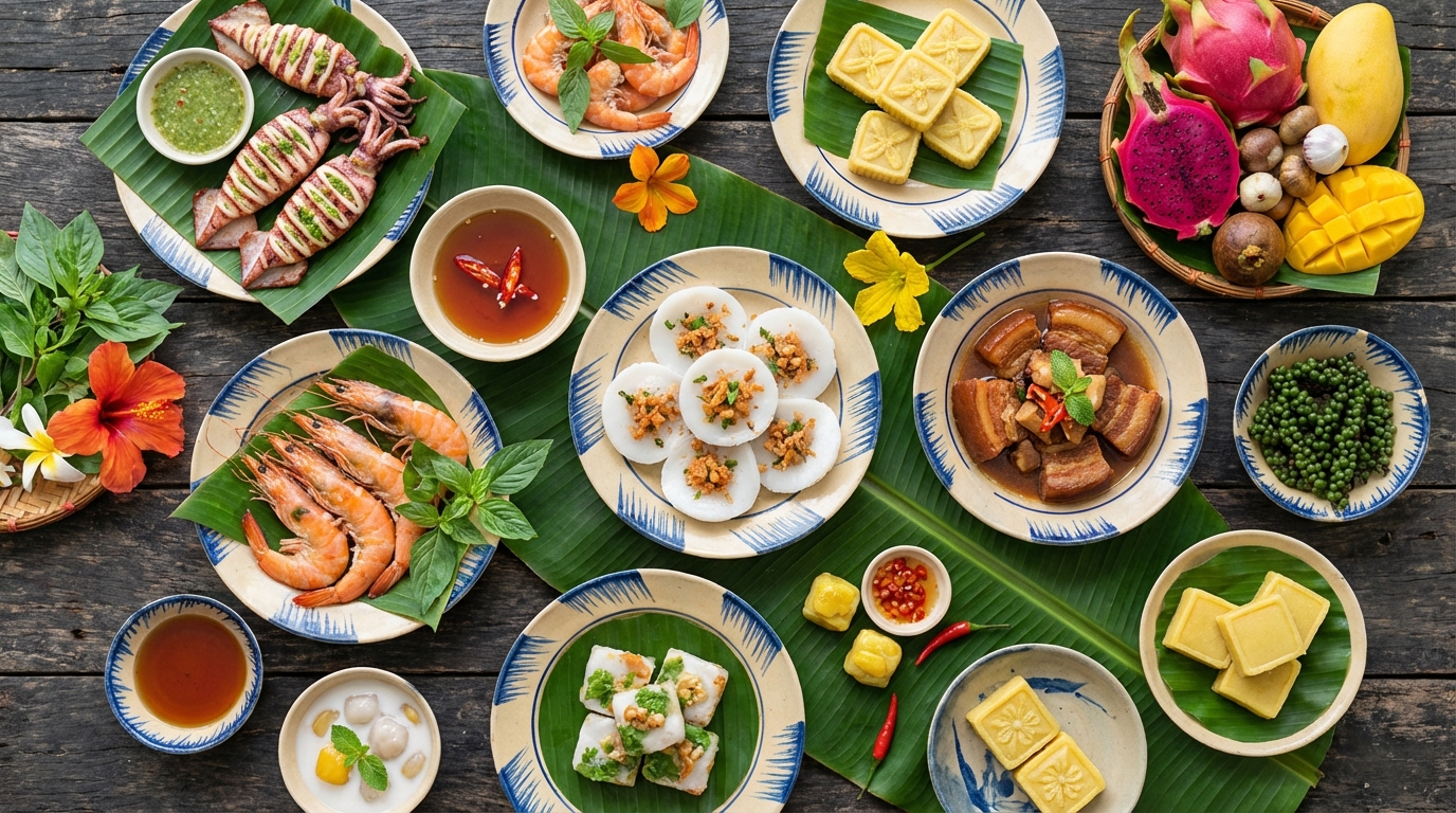 15 món đặc sản Kiên Giang đa dạng bày trên bàn gỗ truyền thống