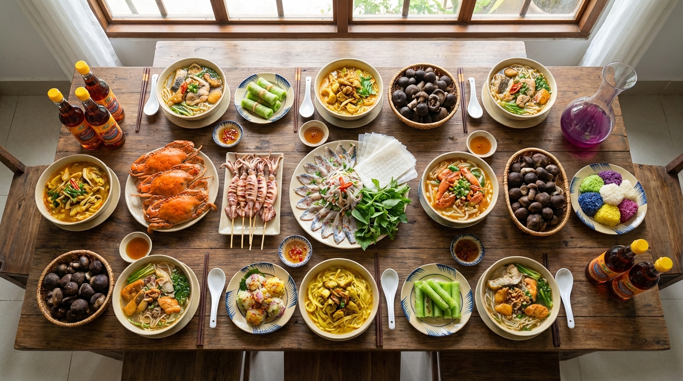 Bàn tiệc đặc sản Kiên Giang: bún cá, hải sản, bánh canh, nấm tràm đầy màu sắc