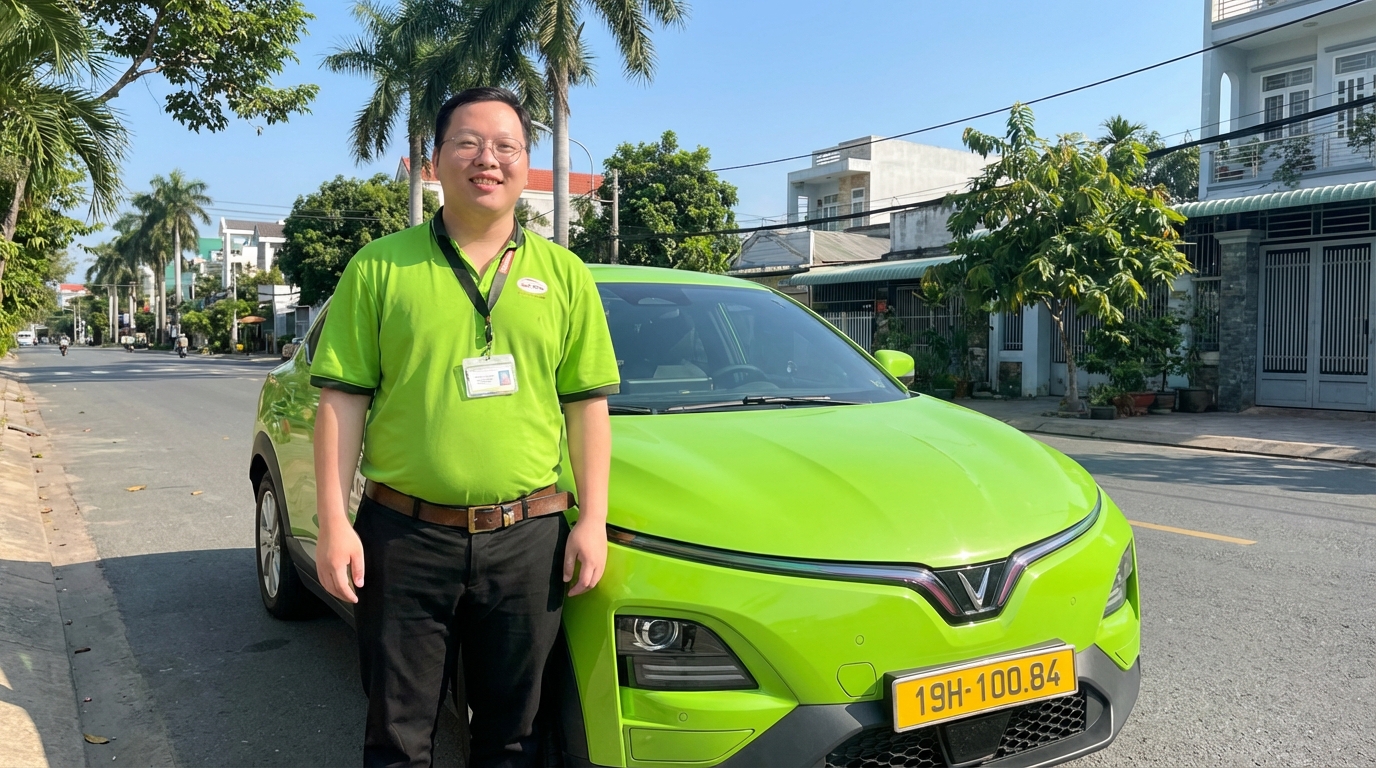 Tài xế taxi chuyên nghiệp mặc đồng phục gọn gàng bên cạnh xe VinFast VF6