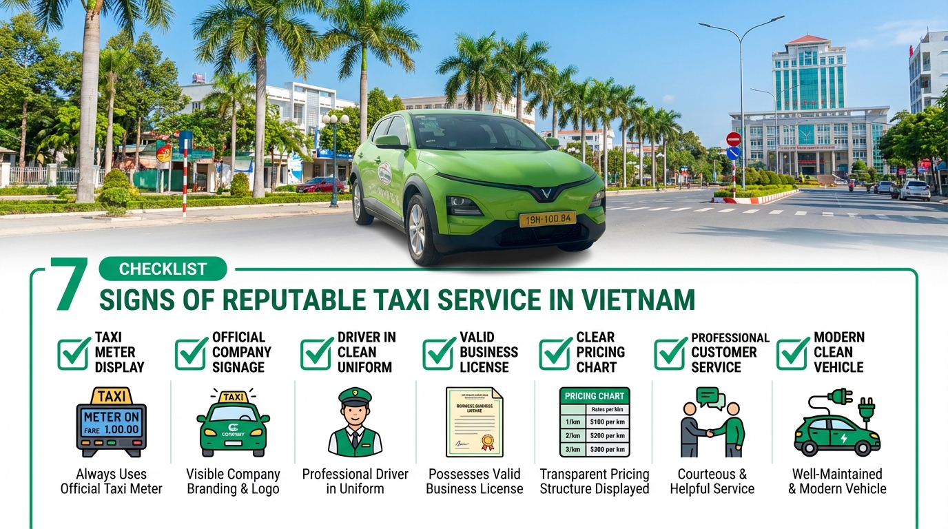 Infographic 7 dấu hiệu nhận biết taxi uy tín với xe VinFast VF6 màu xanh cốm