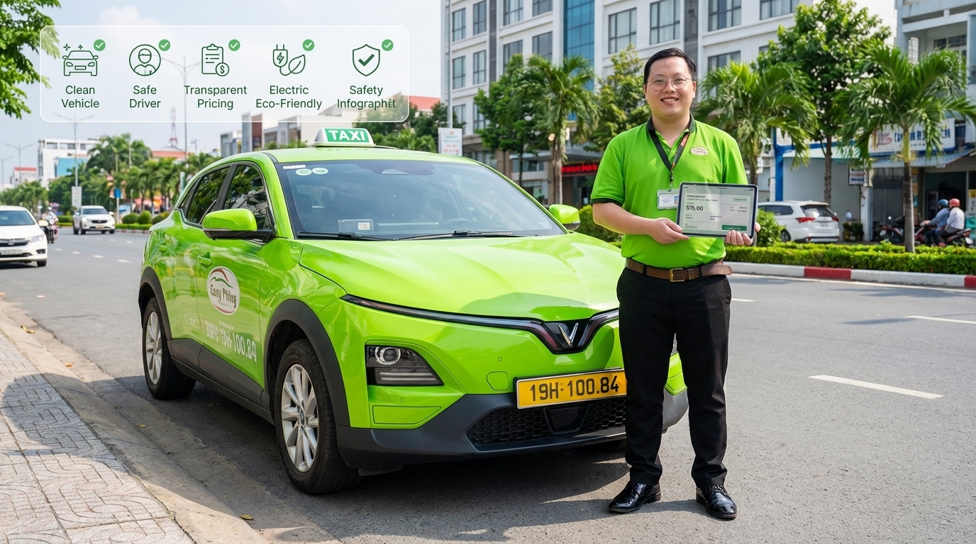 Tài xế taxi chuyên nghiệp đứng cạnh xe VinFast VF6 màu xanh cốm với bảng giá minh bạch