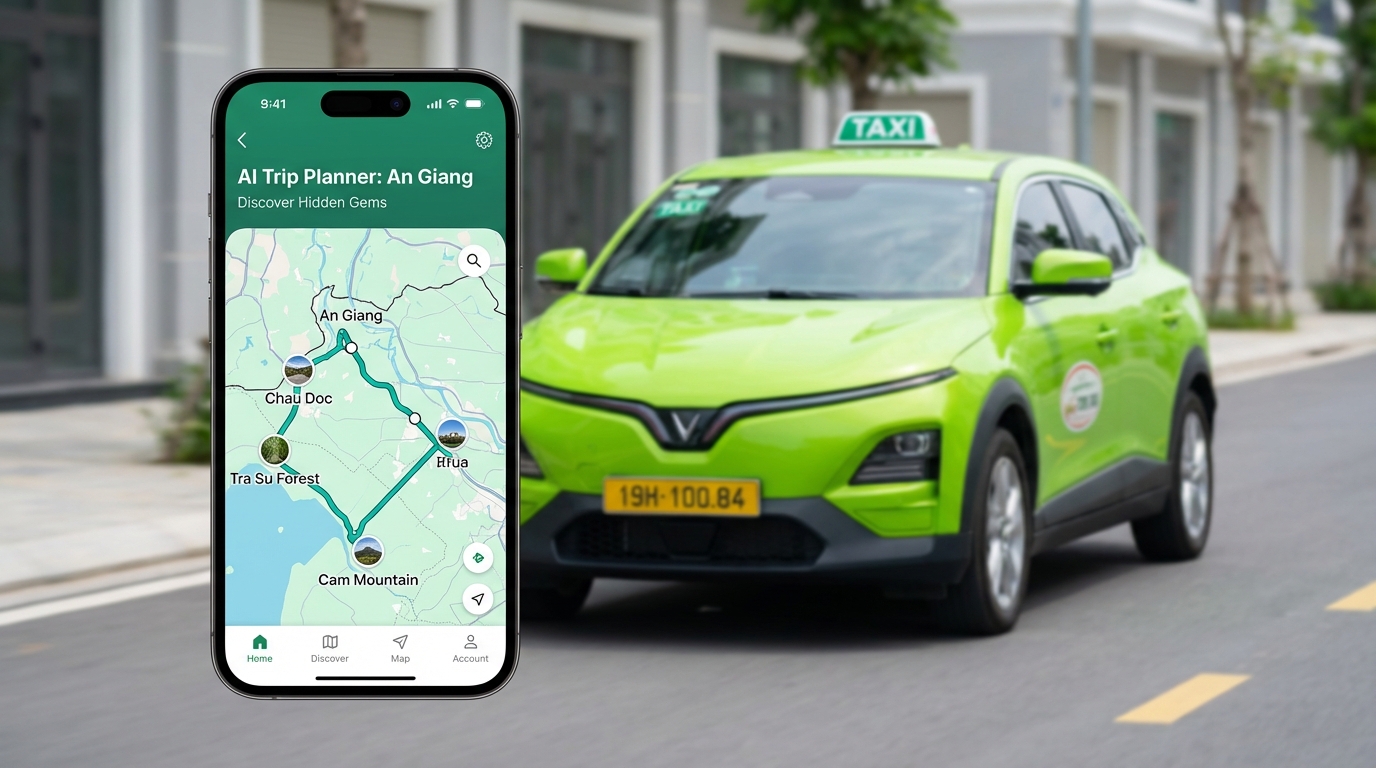 App du lịch AI hiển thị bản đồ An Giang và xe taxi VinFast