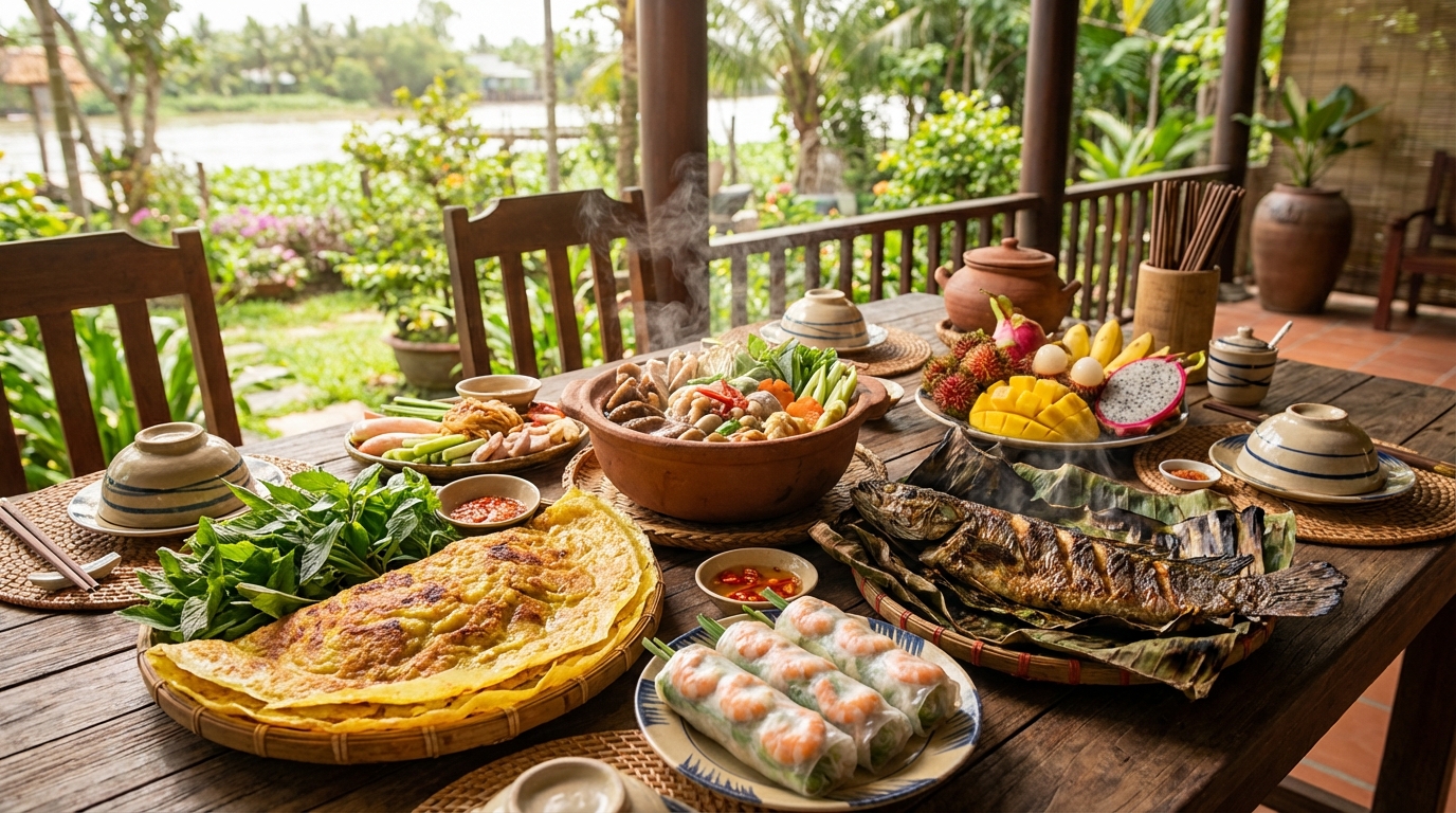 Bàn tiệc các món ăn đặc sản Cần Thơ miền Tây với bánh xèo, lẩu mắm và trái cây