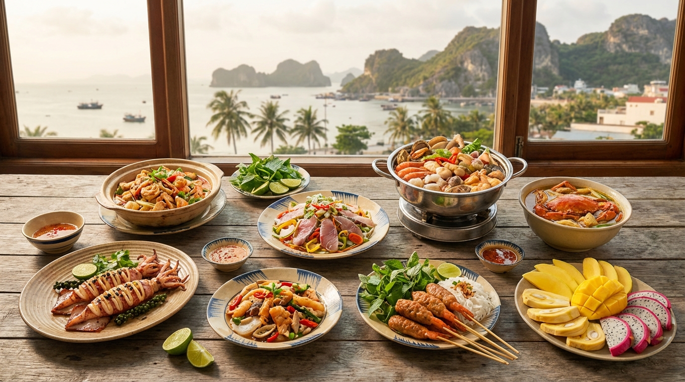 Bàn tiệc đặc sản Hà Tiên với hải sản tươi sống và các món ăn truyền thống