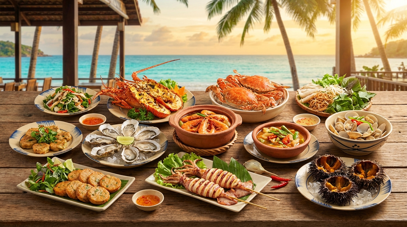 Bàn tiệc hải sản tươi sống phong phú tại nhà hàng ven biển Phú Quốc
