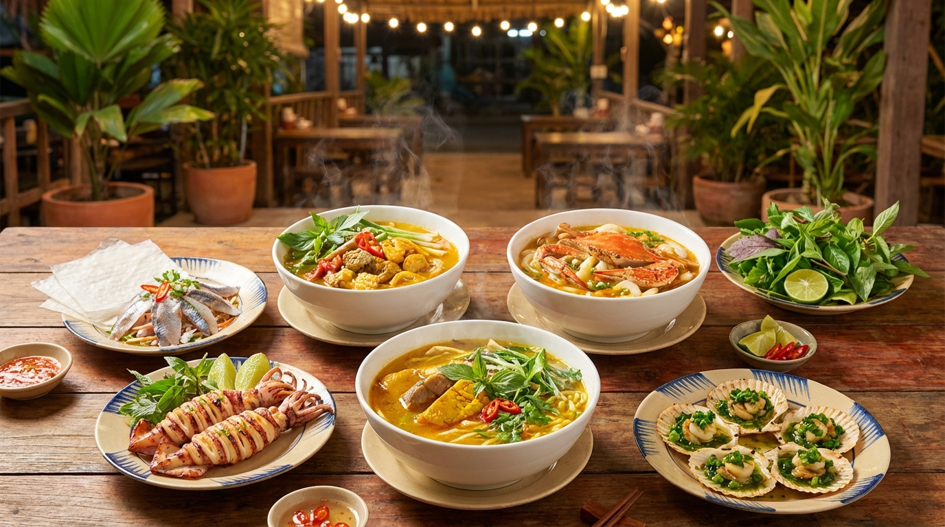 Bàn ăn đầy món ngon đặc sản Rạch Giá: bún cá, mực nướng, bánh canh ghẹ