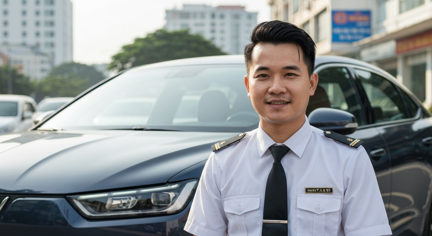 Tài xế taxi chuyên nghiệp bên cạnh xe VinFast VF6 tại Long Xuyên