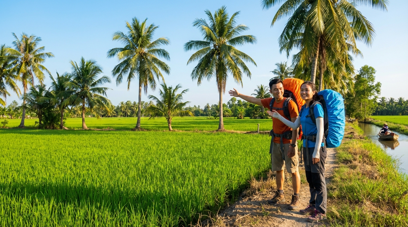 Backpacker khám phá đồng lúa An Giang với ba lô trên vai