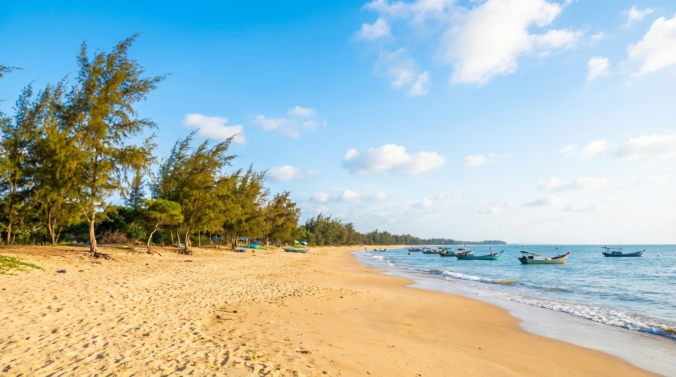 Bãi biển Ba Động Trà Vinh hoang sơ với cát vàng và hàng phi lao