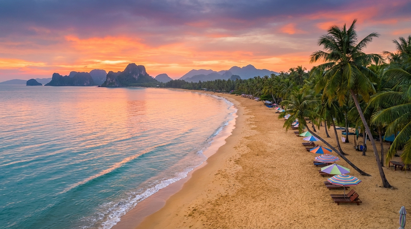 Bãi biển Mũi Nai Hà Tiên lúc hoàng hôn với cát vàng và núi đá vôi phía xa