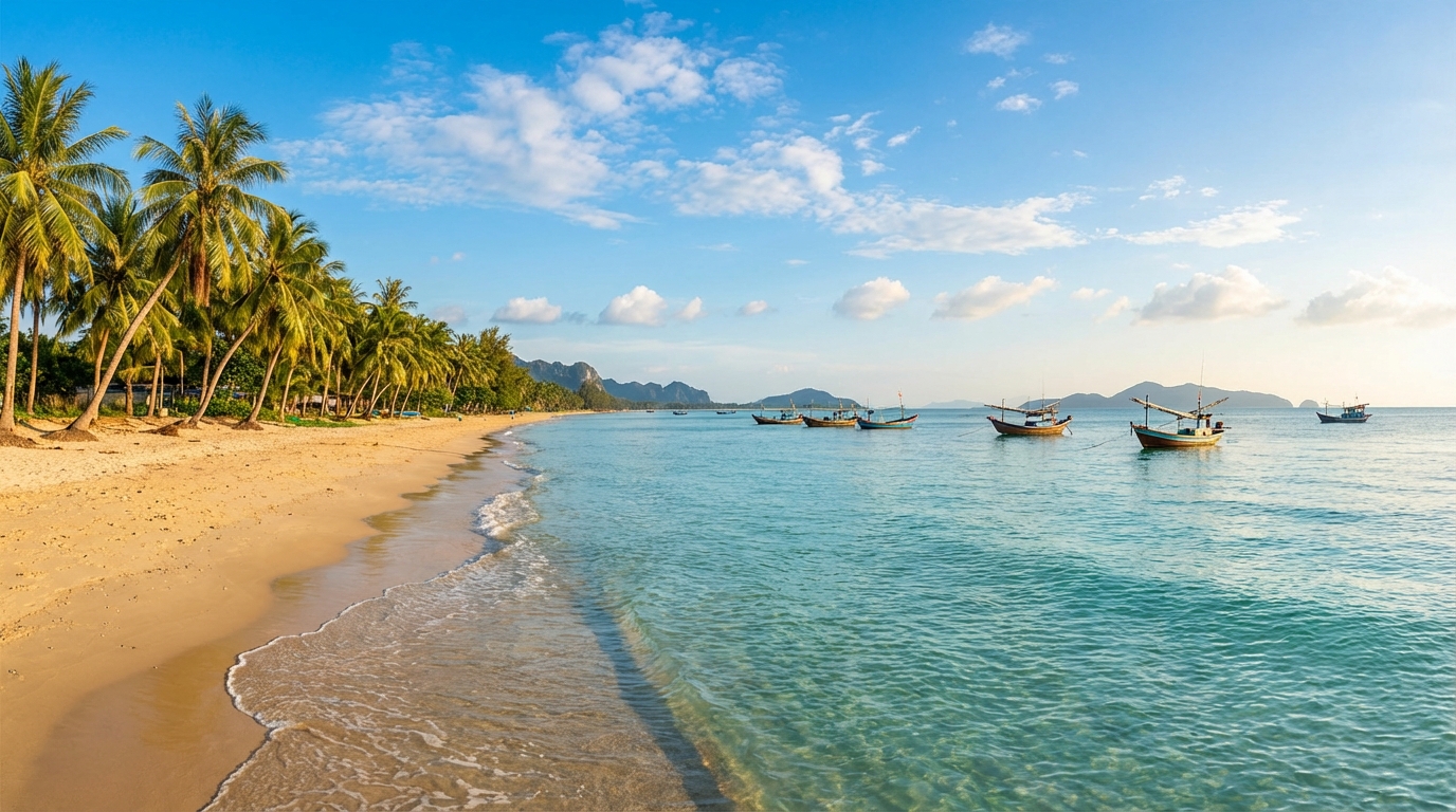 Bãi biển Rạch Giá với bờ cát vàng, nước biển xanh trong và hàng dừa xanh mát