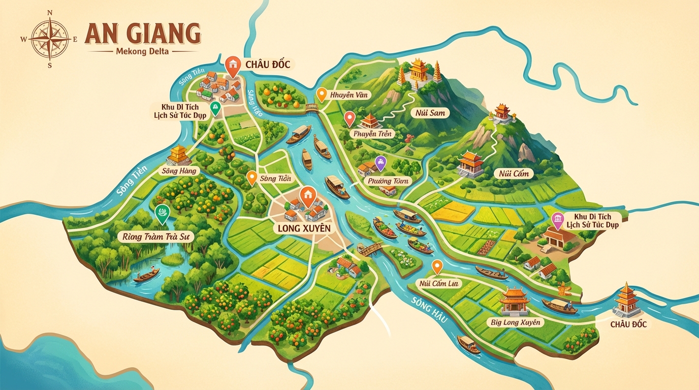 Bản đồ An Giang minh họa các điểm đến du lịch chính và tuyến đường