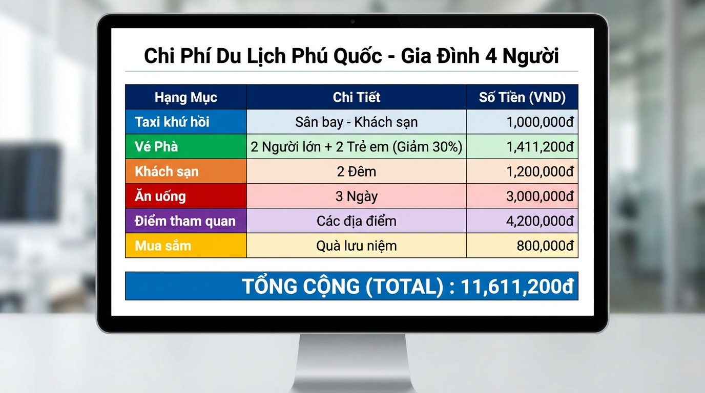 Bảng chi phí chi tiết cho gia đình 4 người du lịch Phú Quốc 3 ngày 2 đêm