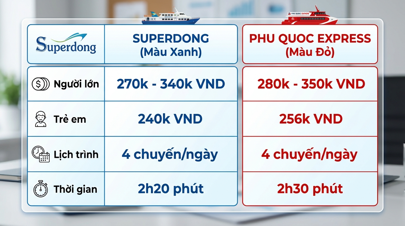 Bảng so sánh giá vé tàu Superdong và Phú Quốc Express với thông tin chi tiết