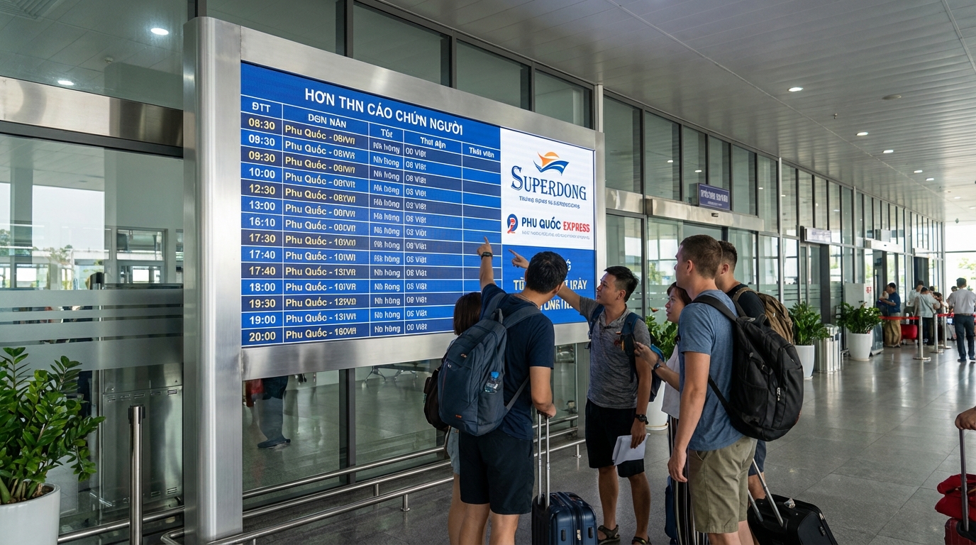 Bảng lịch trình tàu tại bến với logo các hãng tàu