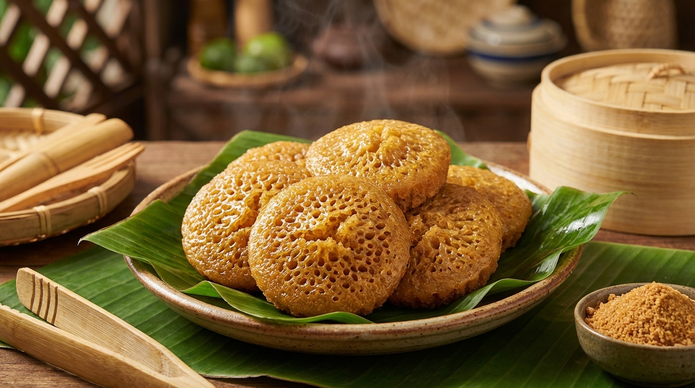 Bánh bò thốt nốt An Giang vàng ươm xốp mềm trên lá chuối xanh