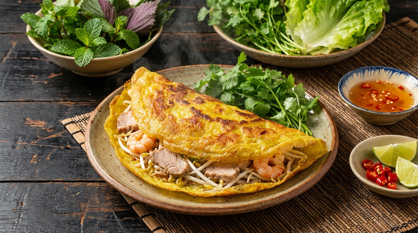 Bánh xèo An Giang giòn rụm vàng ươm với rau sống và nước chấm