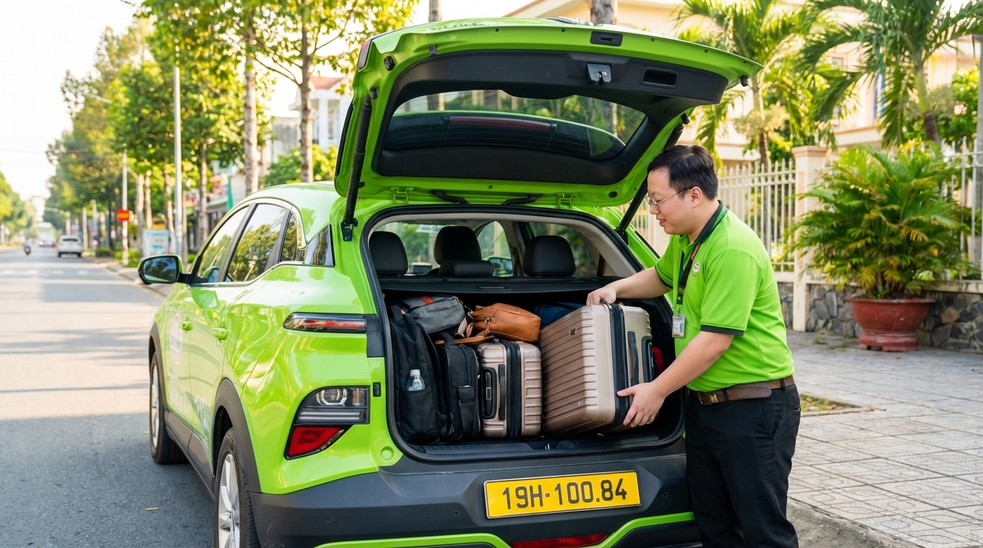 Tài xế taxi giúp hành khách sắp xếp hành lý vào cốp xe VinFast VF6