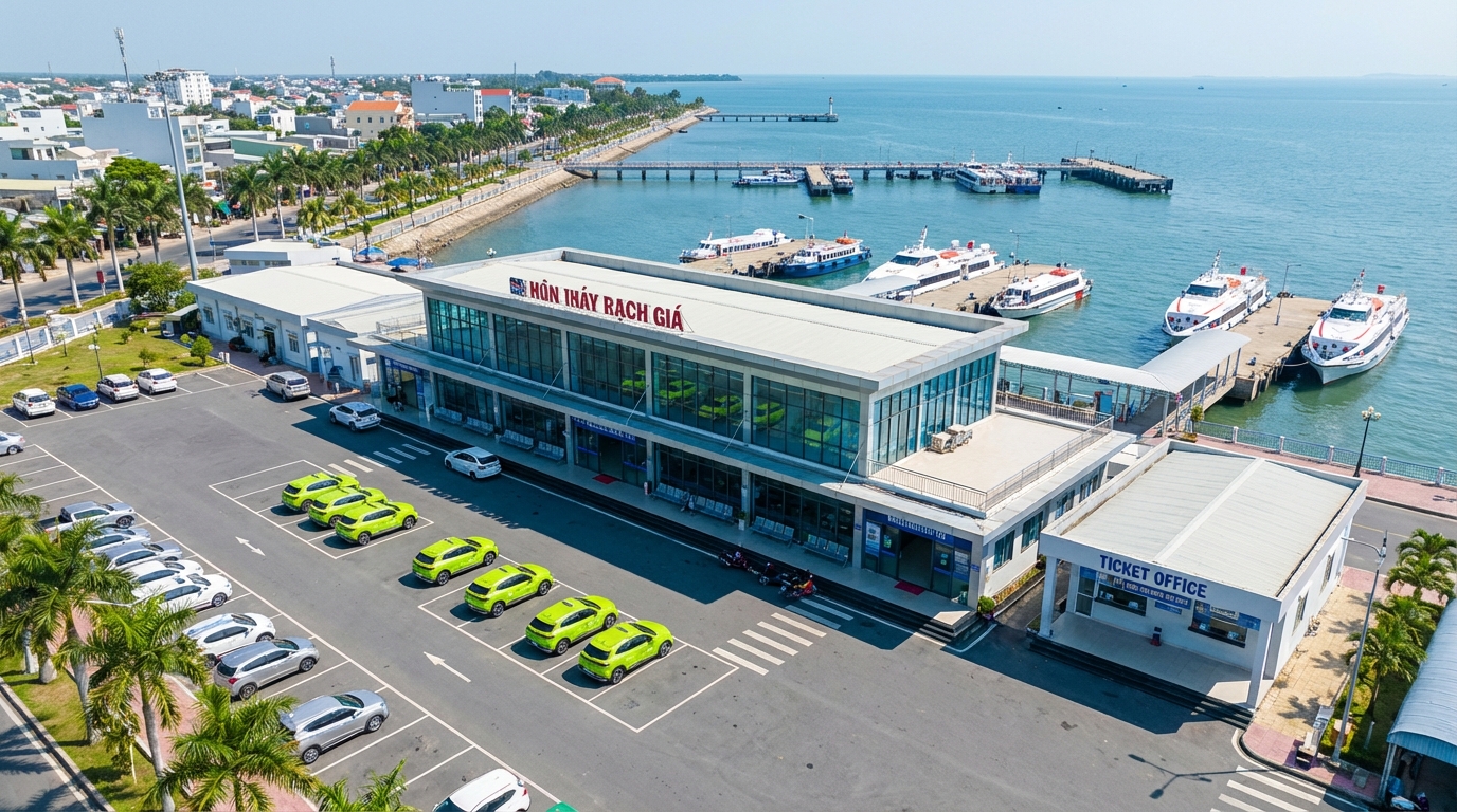 Toàn cảnh bến tàu cao tốc Rạch Giá với khu vực đón trả khách và bãi đỗ xe taxi