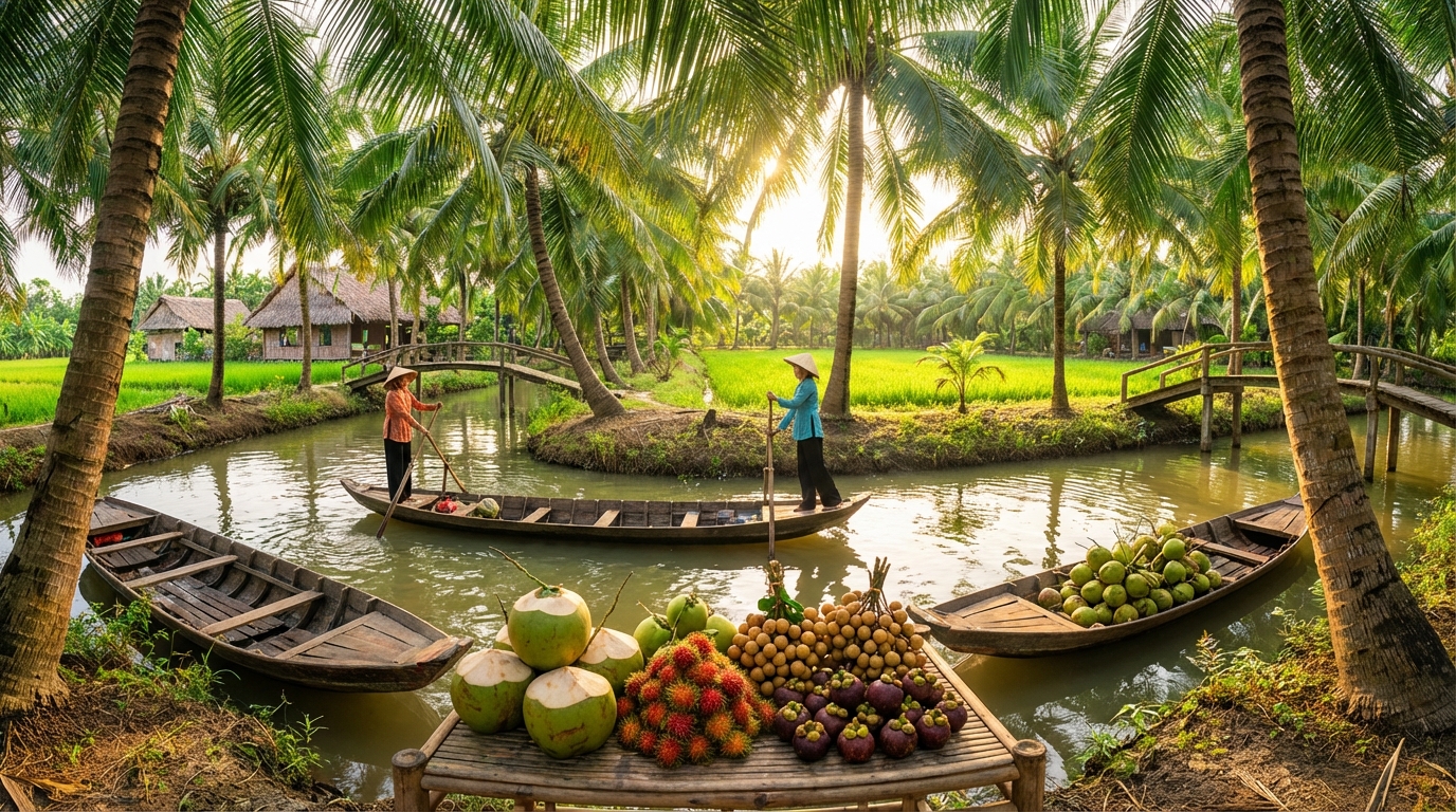 Vườn dừa xanh mướt ở Bến Tre với sông nước miệt vườn miền Tây
