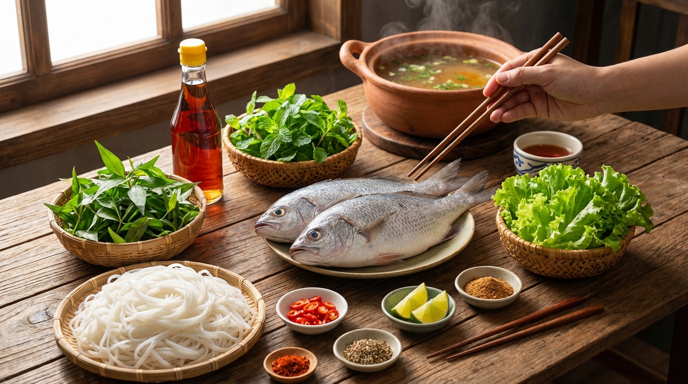 Nguyên liệu tươi sống làm nên bún cá Rạch Giá ngon