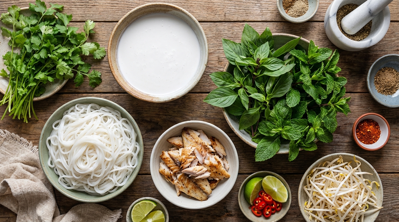 Nguyên liệu làm bún kèn với cá lóc và rau sống