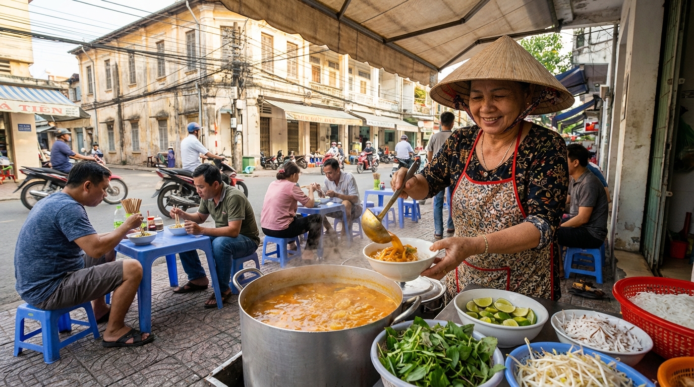 Quán bún kèn truyền thống ở Hà Tiên với khách địa phương