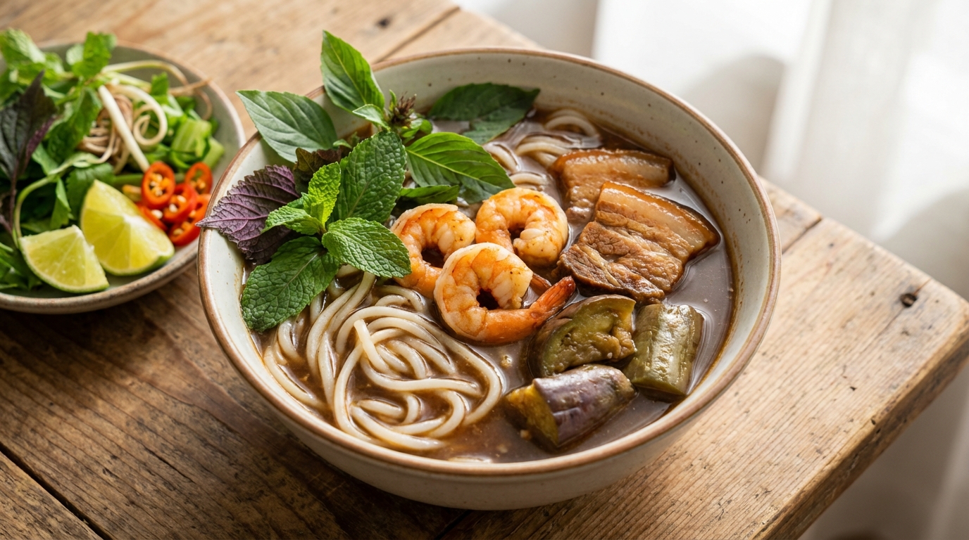 Tô bún mắm An Giang đậm đà với tôm, thịt, cà tím và rau sống tươi xanh