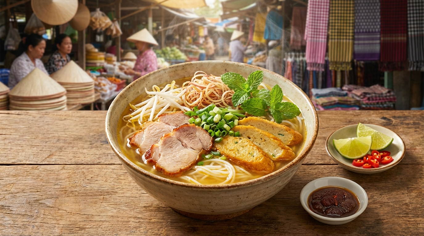 Tô bún nước lèo Sóc Trăng thơm ngon với nước lèo vàng óng và rau sống tươi