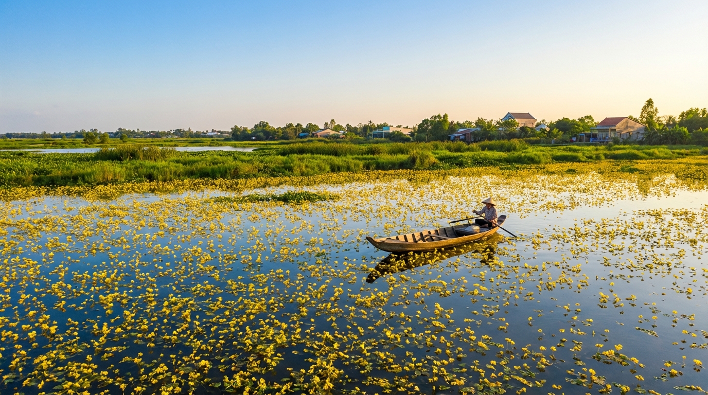Búng Bình Thiên mùa nước nổi với bông điên điển vàng, thuyền gỗ và bầu trời phản chiếu trên mặt nước