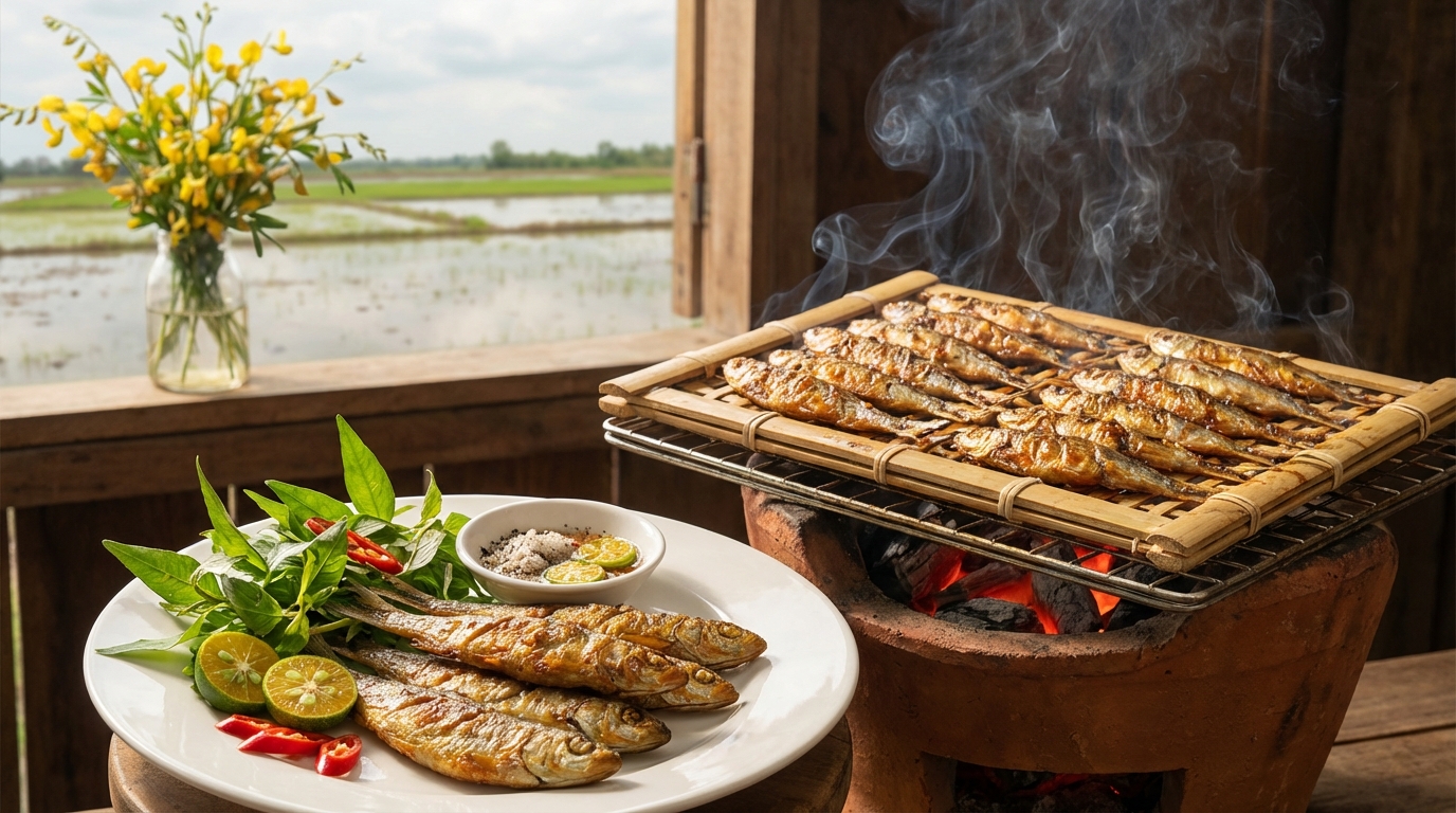 Cá linh nướng trui vàng ươm trên bếp than, ăn kèm rau sống và muối tiêu chanh