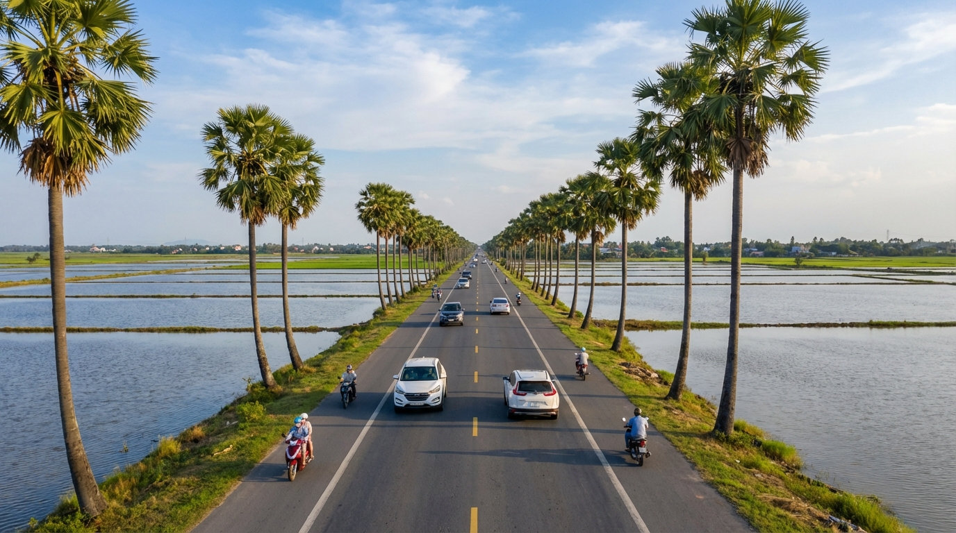 Quốc lộ miền Tây nối Cà Mau và Cần Thơ với đồng lúa và hàng dừa
