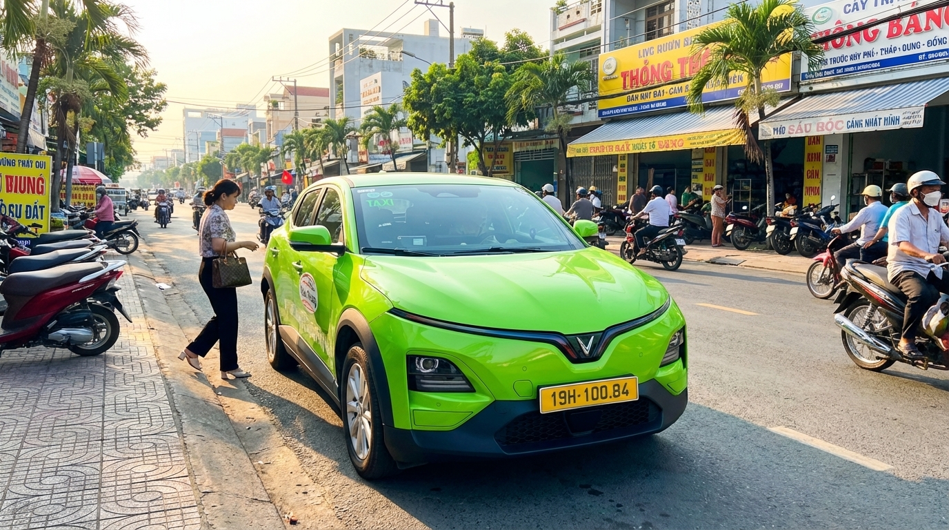 Taxi VinFast VF6 xanh cốm đón khách trên đường phố Long Xuyên