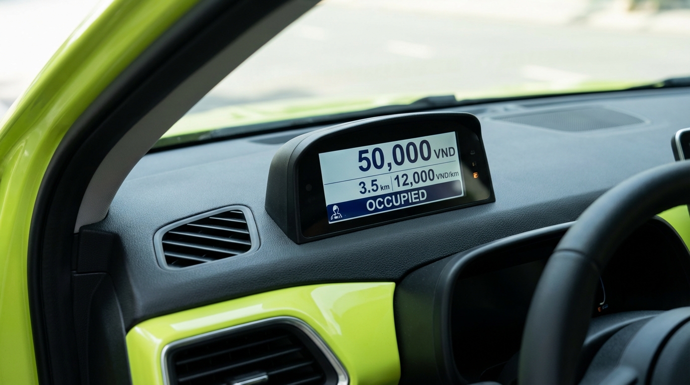 Đồng hồ tính cước taxi hiện đại hiển thị đầy đủ thông tin