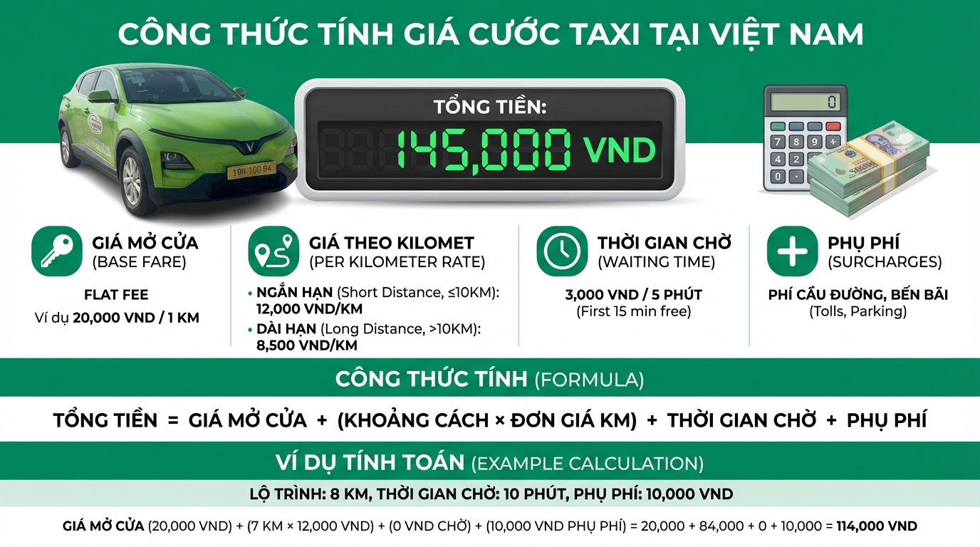 Infographic giải thích cách tính giá cước taxi với đồng hồ và công thức tính