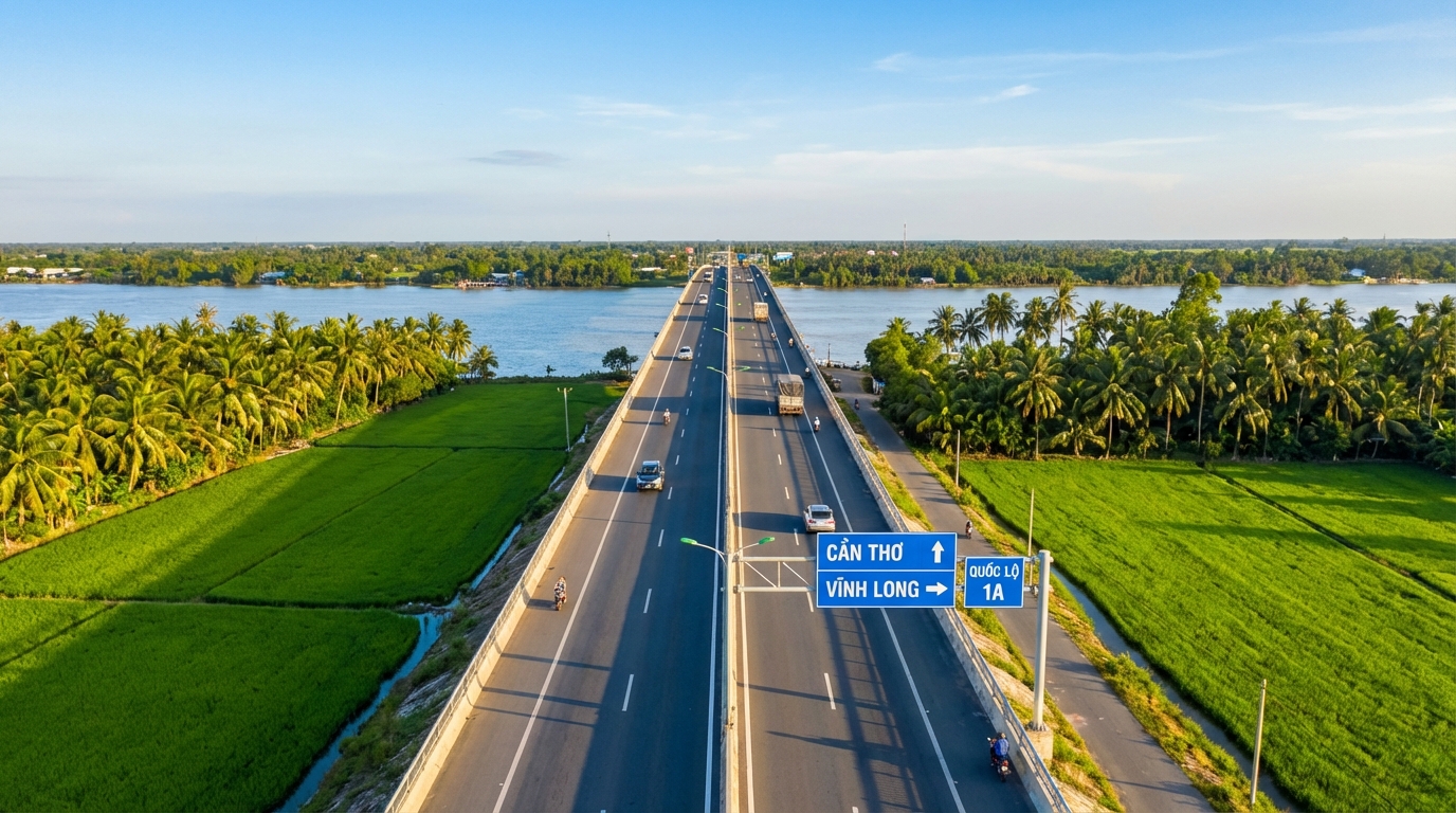 Đường quốc lộ nối Cần Thơ và Vĩnh Long với cầu bắc qua sông và ruộng lúa