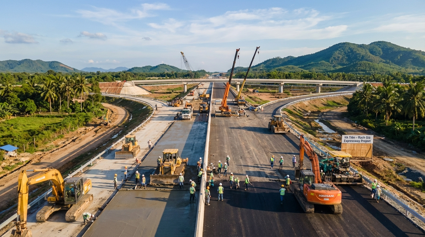 Công trường thi công cao tốc Hà Tiên - Rạch Giá đang trong giai đoạn hoàn thiện