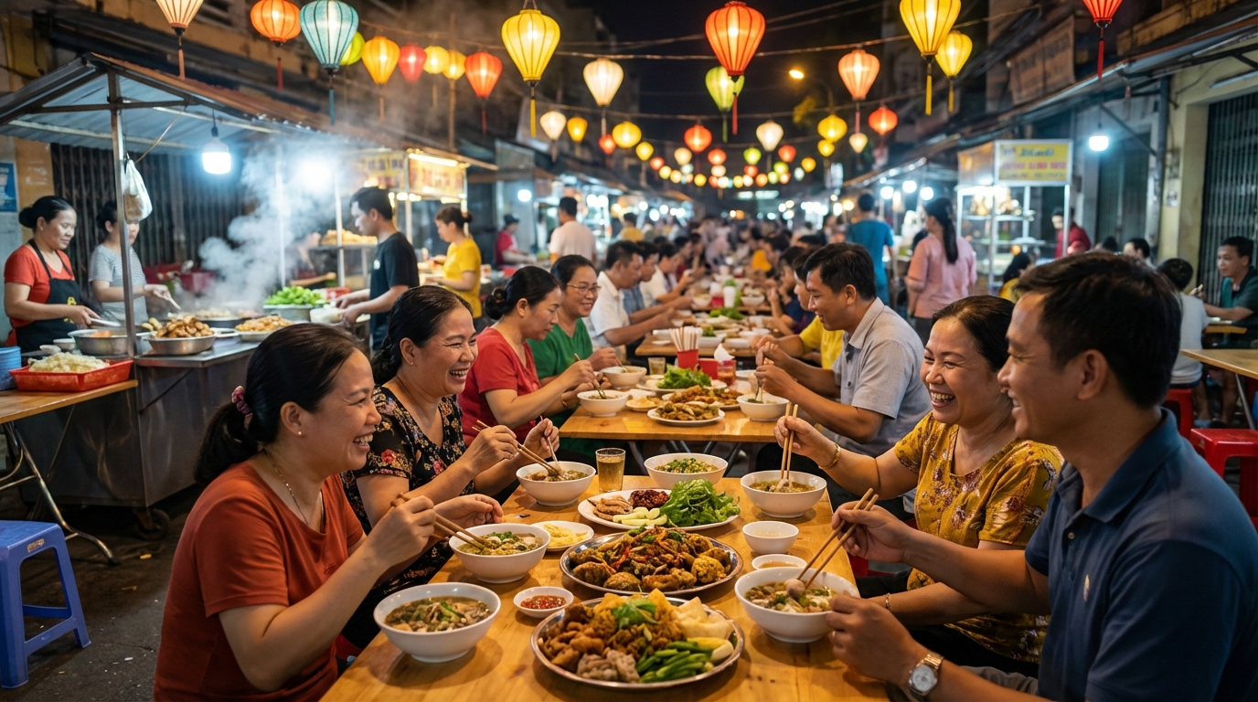 Du khách thưởng thức ẩm thực tại chợ đêm
