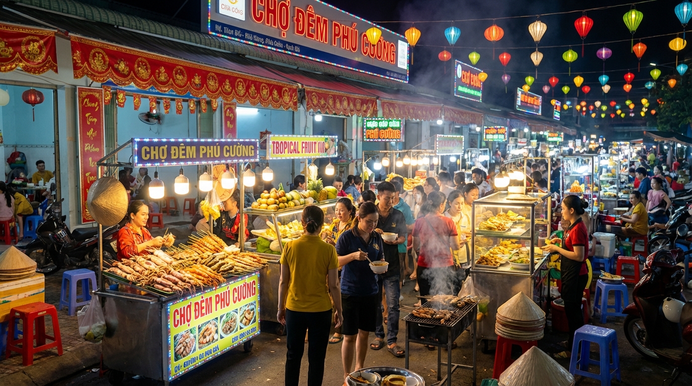 Chợ đêm Phú Cường Rạch Giá sầm uất với hàng trăm gian hàng ẩm thực
