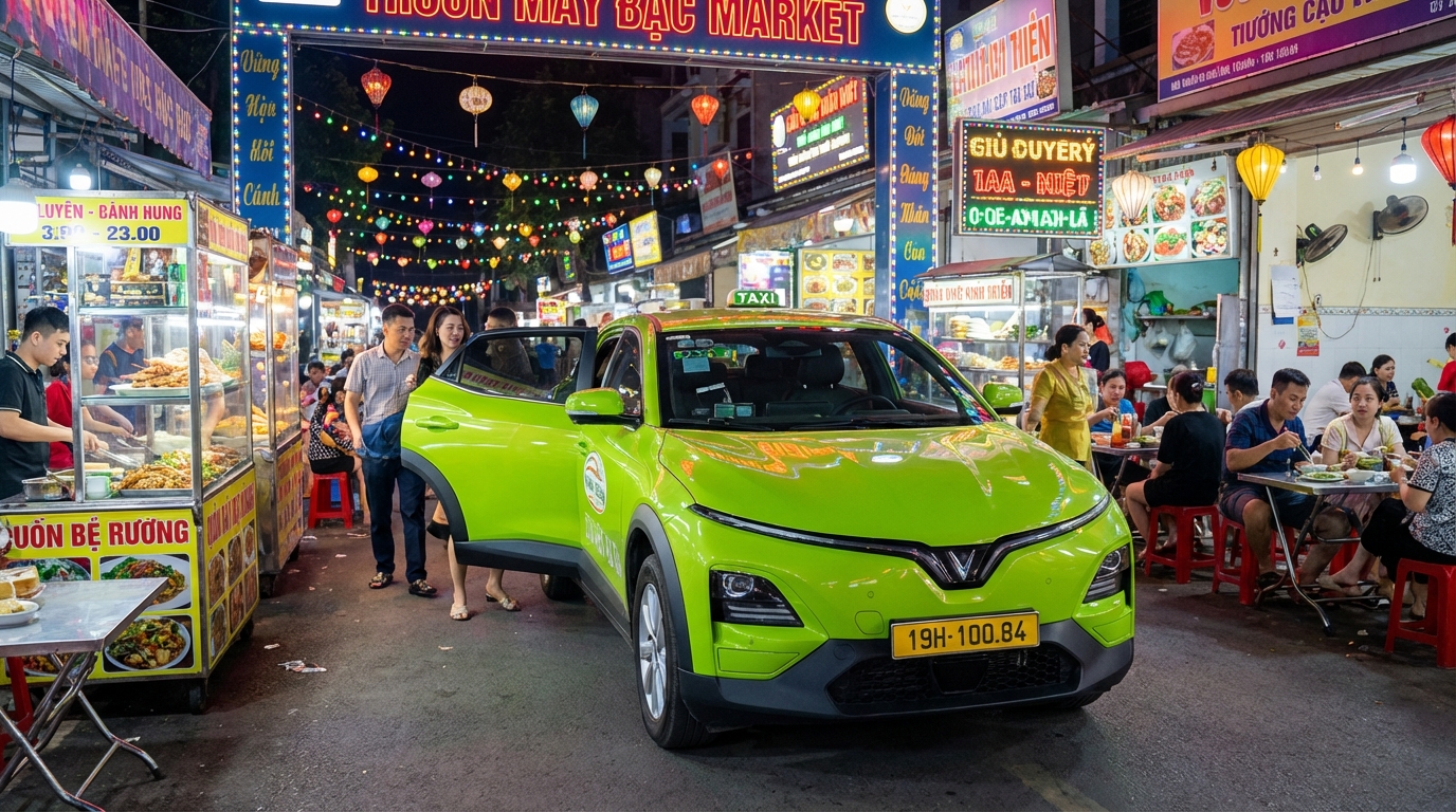 Taxi đưa khách đến chợ đêm Phú Cường