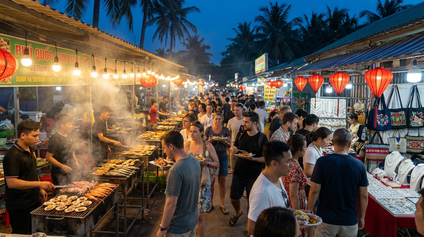 Chợ đêm Phú Quốc nhộn nhịp với các quầy hải sản nướng và đèn lồng đỏ