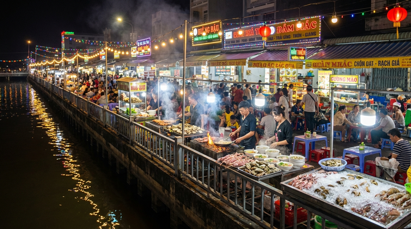 Chợ đêm Rạch Giá nhộn nhịp với các quầy hải sản nướng và đèn lồng rực rỡ