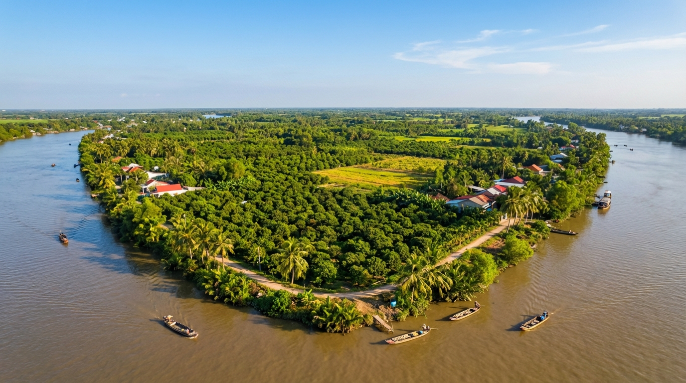 Toàn cảnh vùng cù lao Chợ Mới An Giang với vườn cây trái xanh mướt