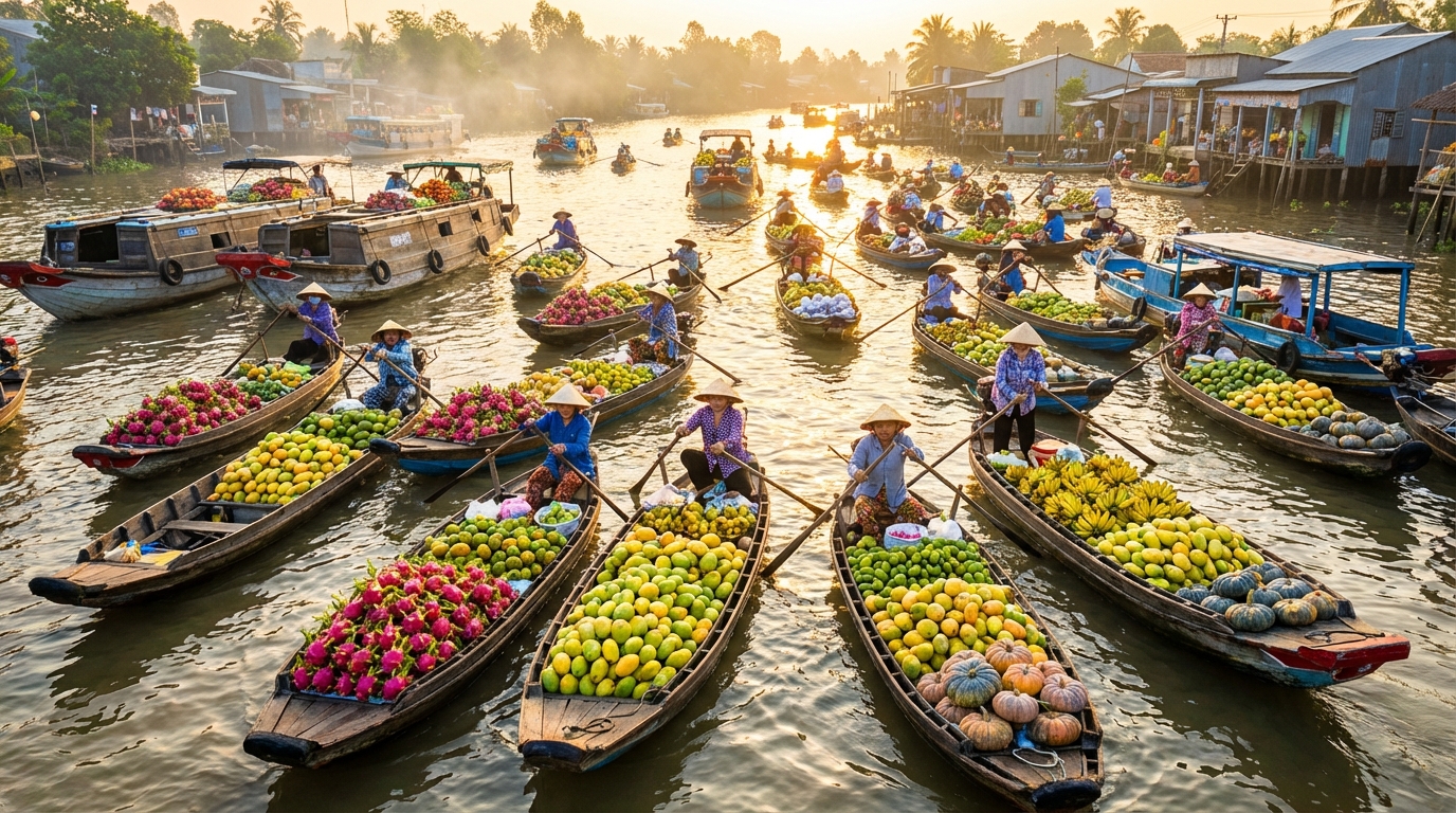 Chợ nổi Cái Bè Tiền Giang với thuyền đầy trái cây trên sông Mekong