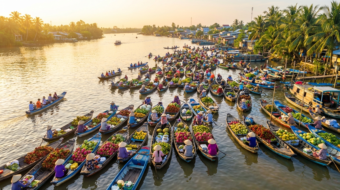 Chợ nổi Cái Răng Cần Thơ với những chiếc ghe đầy trái cây trên sông lúc bình minh